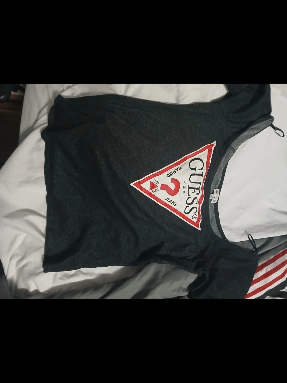 Guess Dark Gray Short Sleeve Tee with Red and White Triangle Logo